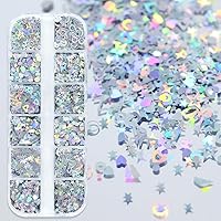 12Grids Nail Holographic Sequin 3D Star Butterfly Nail Art Silver Sticker Confetti Flakes Set for Acrylic Nails
