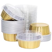 50 PCS Extra Large Baking Cups with Lids (8oz), Disposable Jumbo Aluminum Cupcake Liners, Mini Cake Pans with Lids for Baking (Gold)