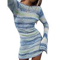 Women's Knitted Mini Dress Long Sleeve Y2K Pullover Sweater Women Backless Crochet Knit Short Dress