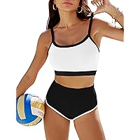 Blooming Jelly Women High Waisted Bikini Set Sporty 2 Piece Swimsuit Color Block Bathing Suit