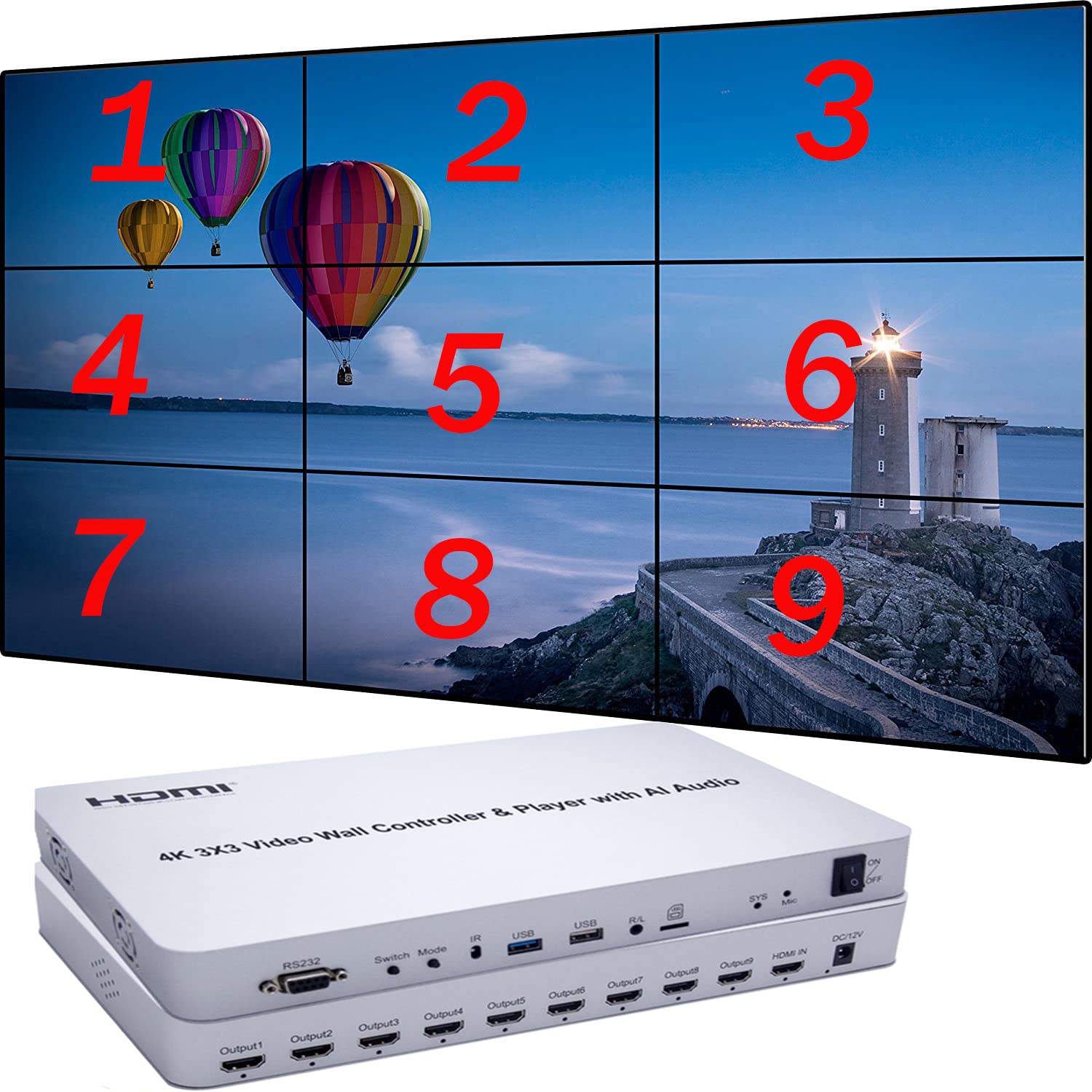 4K HDMI 3x3 Video Wall Controller with Media Player |9 Channels, HDMI 1.4, HDCP1.4 Compliant | 1 HDMI Input & 9 Outputs | 1x2, 1x3, 1x4, 2x1, 2x2, 2x3, 2x4, 3x1, 3x2, 3x3, 4x1, 4x2