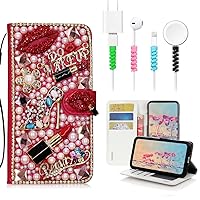 STENES Bling Wallet Case Compatible with LG Stylo 4 / LG Q Stylus - Stylish - 3D Handmade Girls Lipstick High Heel Flowers Leather Cover with Cable Protector [4 Pack] - Red
