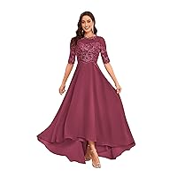 Women's Lace Appliques Half Sleeve Mother of The Bride Dresses for Wedding Scoop Neck Chiffon Evening Formal Party Gowns