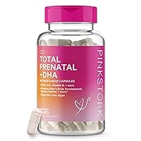 Pink Stork Total Prenatal Vitamin with Vegan DHA and Folate: Doctor Formulated, Iron, Biotin, Vitamin D, Vitamin C + Zinc, Women-Owned, 180 Vegetarian Capsules