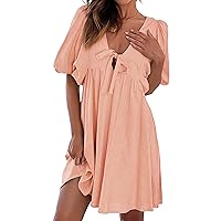Women's Casual Dresses 2023 Summer Dresses Lantern Sleeve Mini Dress Solid Color V Neck Tie Front Loose Vacation Beach Dress