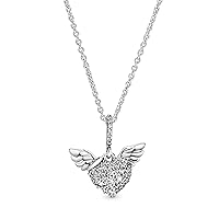 Pandora Moments Women's Sterling Silver Pavé Heart and Angel Wings Cubic Zirconia Pendant Necklace, 45cm, No Box