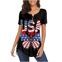 Tunic Tops for Women 2024 4th of July Shirts Short Sleeve Henley T-Shirt USA Flag Tee Summer V Neck Button Blouse