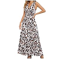 Women Fashion Leopard Belted V-Neck Sleeveless Wrap Dress Tiered Ruffle Hem Casual Summer Empire Waist Tank Dress