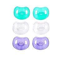 6 Pacifiers 0-6 Months Soft Silicone Orthodontic Shaped Newborn Smoothie to Promote Natural Sucking for Baby | BPA-Free and Safe for 0 to 6 Months Infants - Pack of 6, (Clear, Lilac, Green)