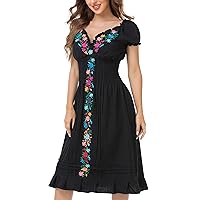YZXDORWJ Women Mexican Embroidered Casual Dress Summer Ruffle V Neck Short Sleeves