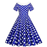 Wellwits Women's White Shawl Collar Bow Back Elegant Special Occasion Cocktail Formal Polka Dots 1950s Vintage Dress