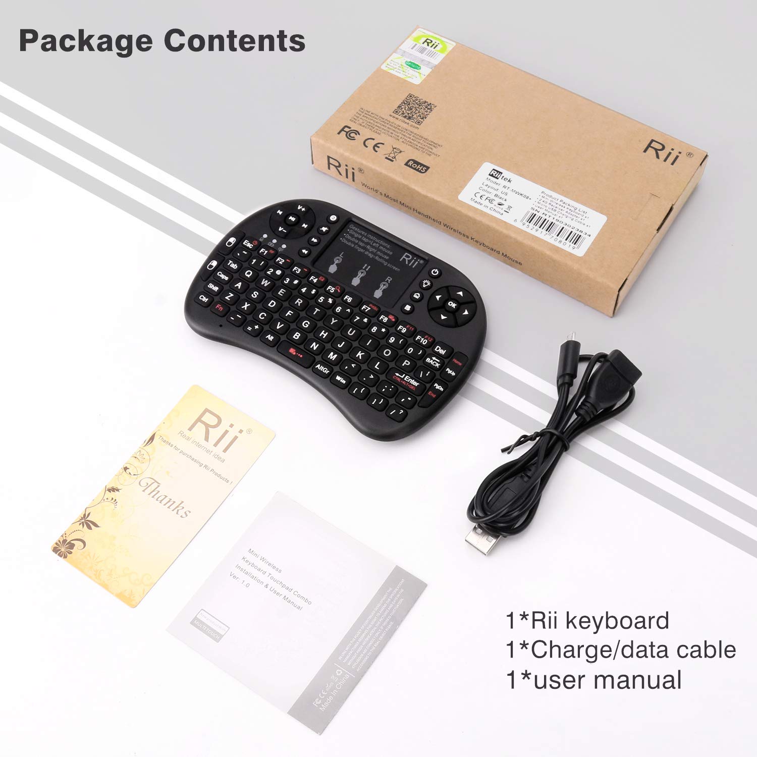 Rii i8 Mini Bluetooth Keyboard with Touchpad＆QWERTY Keyboard, Portable Wireless Keyboard with Remote Control for Smartphones /laptop/PC/Tablets/ Windows/Mac/ TV/Xbox/PS3/Raspberry Pi .Black