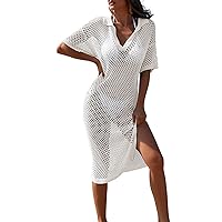 Pink Queen Women Swimsuit Crochet Swim Cover Up V Neck Hollow Out Long Bathing Suit Swimwear Knit Pullover Beach Dress