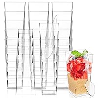 Kucoele 100 Pack 3oz Mini Dessert Cups with Spoons, Square Tall Shooter Cups Clear Plastic Party Serving Cups for Parfait, Appetizer, Pudding, Yogurt and Ice Cream