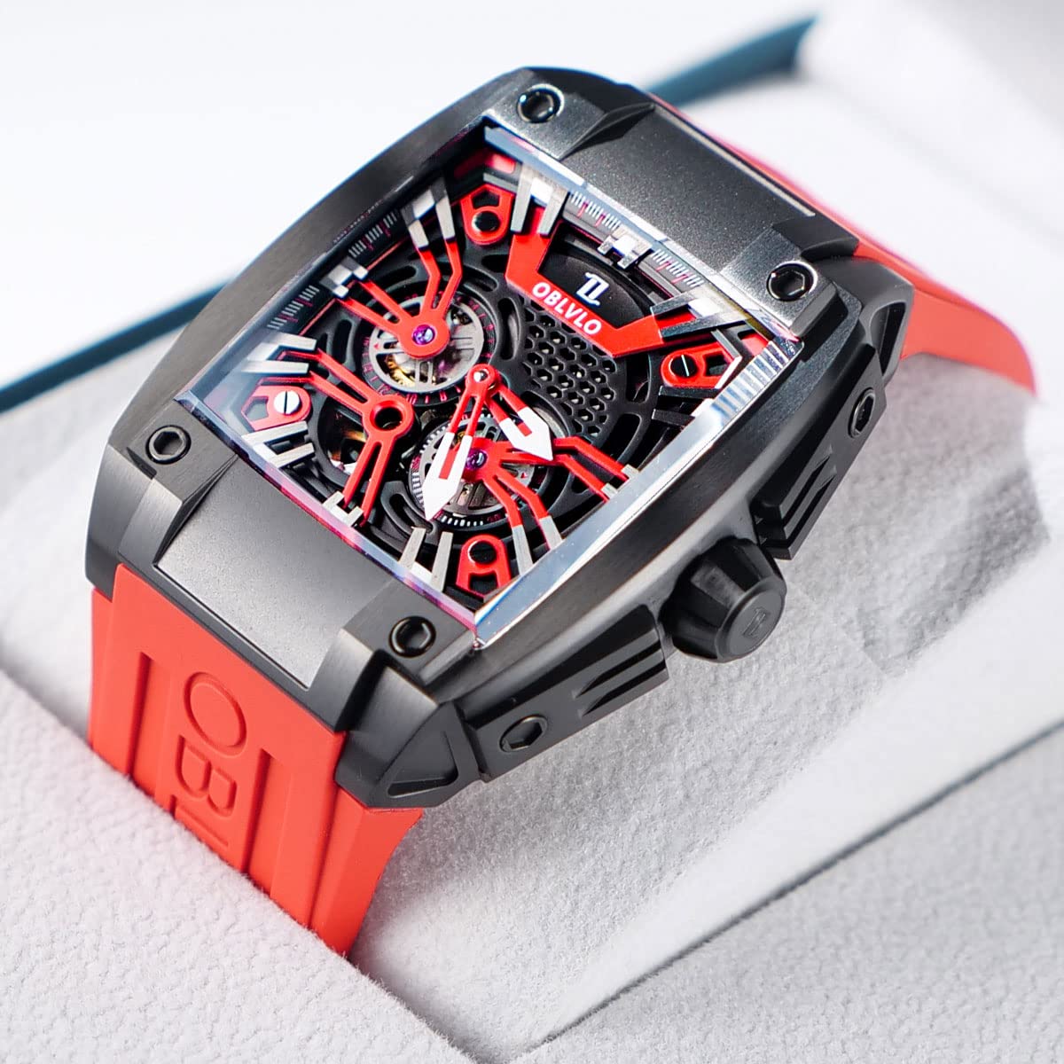 OBLVLO Men Super Luminous Automatic Watches Sport Luxury Watch Square Skeleton Mechanical Rubber Strap Watches GM