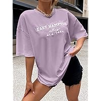 Women's Tops Sexy Tops for Women Shirts Drop Shoulder Letter Embroidery Top Shirts for Women (Color : Lilac Purple, Size : Medium)
