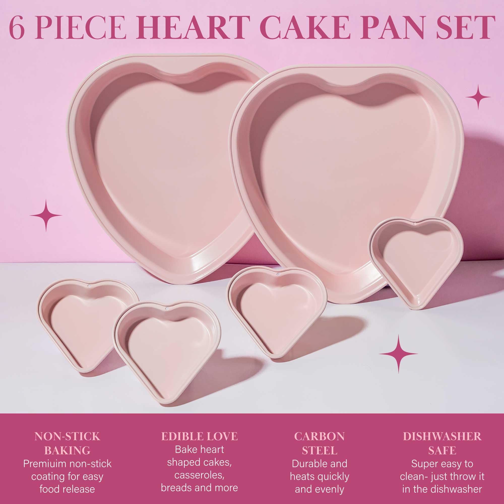 Paris Hilton Heart Shaped Nonstick Bakeware Set, Easy Release Carbon Steel, Includes two 9.5-Inch Pans and four Mini 3.5-Inch Pans, Dishwasher Safe, Made without PFAS or PFOA, 6-Piece Set, Pink