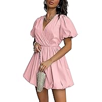 PRETTYGARDEN Womens Short Summer Dresses Casual Puffy Sleeve Wrap V Neck Ruffle Solid Color Flare Dress