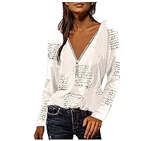 Women's Tops Dressy Casual Fashion Loose Zipper V-Neck Printed Long Sleeved Tops Sleeve Undershirt, S-5XL
