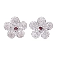 NOVICA Artisan Handmade Garnet Flower Earrings Sterling Silver Red Button Indonesia Floral Birthstone [0.7 in L x 0.7 in W] 'Love Blossom'