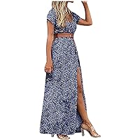 Boho Dress for Women 2024 Summer Casual Printed Maxi Dress Short Sleeve Loose Fit V-Neck Hawaiian Sundresses with Belt Womens Summer Clothes 2024 Vestidos Blue