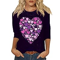 Womens Tops 3/4 Sleeve Heart Slim Valentines Day W Cute Tops Crewneck Slim Fit Tshirts Shirts Spring Blouse