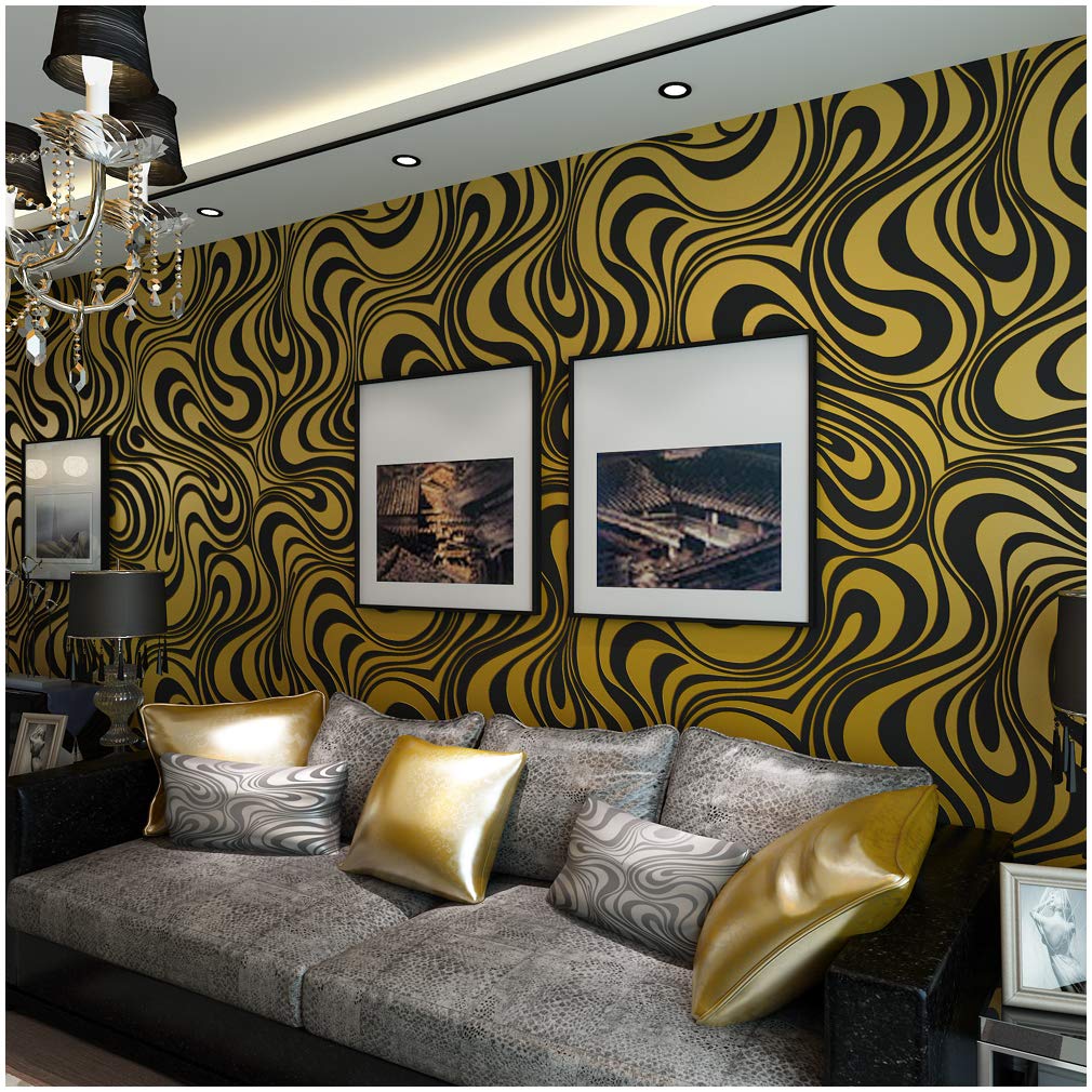 QIHANG Modern Abstract Curve 3D Wallpaper Roll Mural Papel De Parede Flocking for Striped Black&Gold Color Qh-Wallpaper 0.7m x 8.4m=5.88㎡