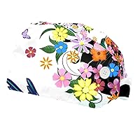 Bouffant Caps with Button, Surgical Scrub Cap for Men Women, 2 Pieces Colorful Butterfly Working Hat Tie Back Hat