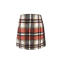 Women's Plaid Mini Skirt Pencil Above Knee Length High Elastic Waist Bodycon Zipper Vintage Short Skirts for Women