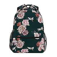 ALAZA Dragonfly Peony Rose Backpack for Women Men,Travel Trip Casual Daypack College Bookbag Laptop Bag Work Business Shoulder Bag Fit for 14 Inch Laptop