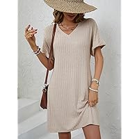 Women's Dress Dresses for Women Solid Batwing Sleeve Ribbed Knit Tee Dress (Color : Apricot, Size : Large)