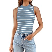 Womens Ribbed Tank Tops High Neck Slim Fitted Striped Basic Casual 2024 Summer Sleeveless Shirts