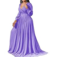 Women's Deep V Neck Wrap Ruched Bodycon Sexy Party Midi Dress Casual Pleated Long Sleeve Formal Cocktail Dress