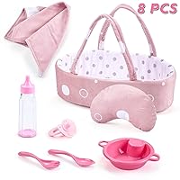 8 Pcs Baby Doll Accessories Set Includes Feeding Bottle, Pacifier, Blanket, Pillow, Tablewares and Bassinet Carrier for 9'' to 12'' Dolls