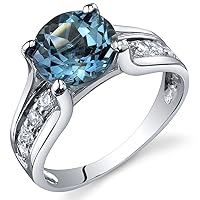 PEORA London Blue Topaz Cathedral Solitaire Ring for Women 925 Sterling Silver, Natural Gemstone Birthstone, 2.25 Carats Round Shape 8mm, Sizes 5 to 9