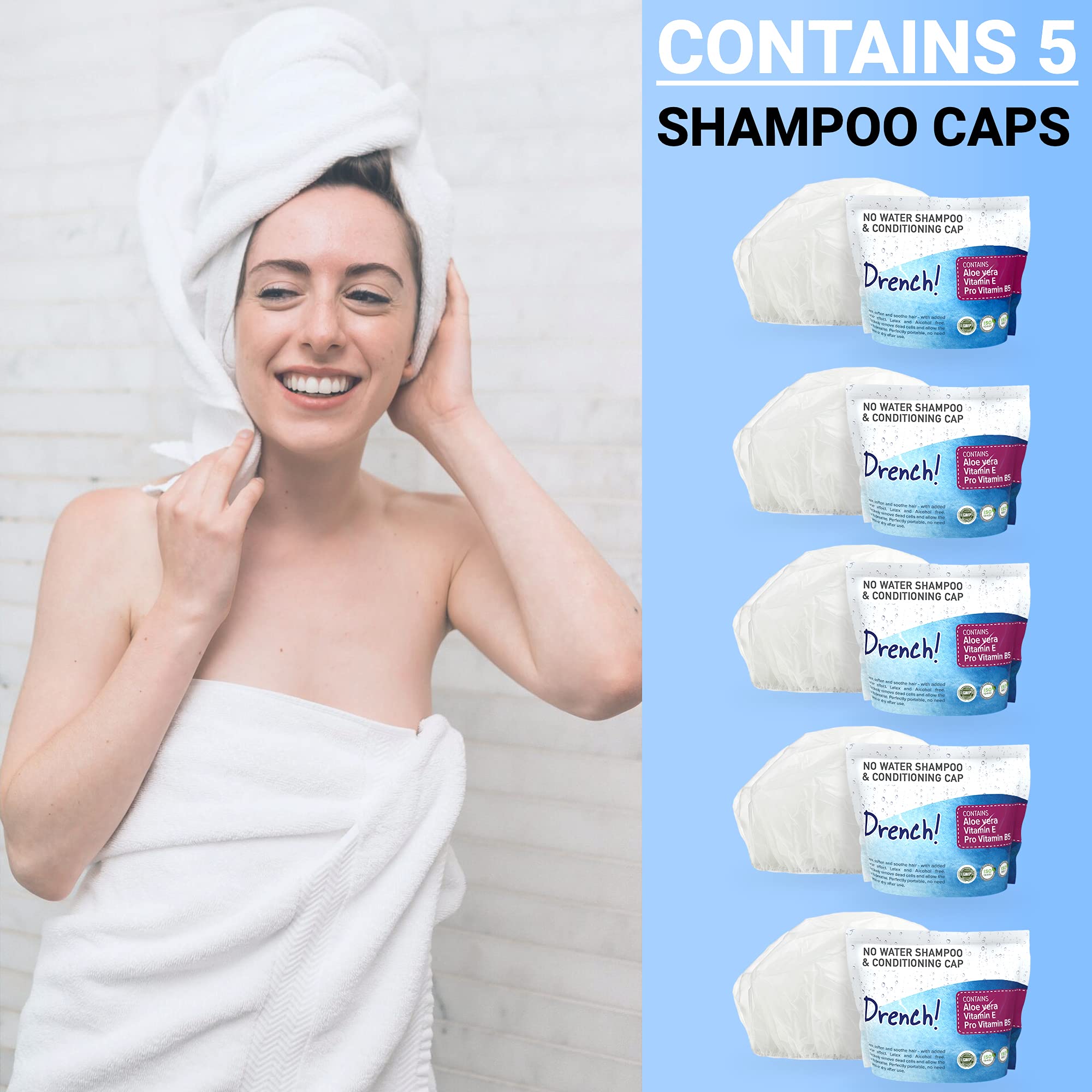 Drench No Water Rinse Free Shampoo Caps [6-Pack] - Waterless Shampoo and Conditioner - Dry Hair Wash Caps for Elderly or Bedridden - Contains Aloe Vera, Vitamin E and Provitamin B5