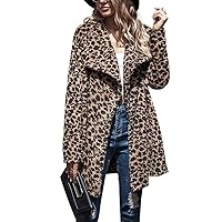 chouyatou Women's Warm Open Front Faux Fur Lapel Leopard Print Jacket Overcoat