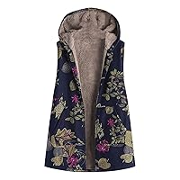 Women's Floral Print Hooded Waistcoat Winter Warm Sherpa Lined Fashion Vest Button Down Front Sleeveless Hooded Coat