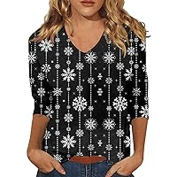 Women's Christmas Shirts Fashion Everyday Casual V-Neck Seven Point Sleeve Printed T Shirt Top Blouses, S-3XL
