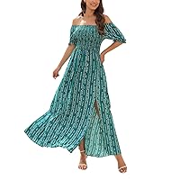 Women's 2024 Bohemian Summer Floral Print One Shoulder Short Sleeve Smocked Ruffle Tiered Beach Long Midi Dress