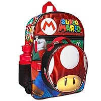 Bioworld Super Mario Backpack with Detachable Mushroom Lunch Tote 16 Inch 5 Piece Set