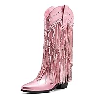 Western Cowboy Boots for Women - Mid Calf Embroidered Cowgirl Boots, Slip On Pointed Toe Chunky Heel Fashion Retro Classic Boots