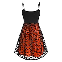 Plue Size Women Gothic Bat Print Sheer Mesh Cami Dress Spaghetti Strap Halloween Festival Party Retro Swing Dresses