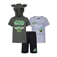 STAR WARS Boys Grogu Hooded T-Shirt, T-Shirt and Short Set for Toddler and Little Kids – Green/Grey