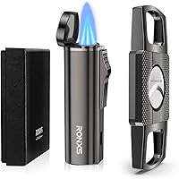 RONXS Cigar Lighter and Cutter Set, Adjustable Jet Flame Torch Lighter and Cigar Cutter, Windproof Cigarette Lighters, Great Gift Idea for Father's Day and Birthday (Butane Gas Not Included) (Black)