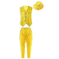 ACSUSS Boys Girls Jazz Disco Dance Costume Kids Hip Hop Dancing Outfits Sleeveless Button Down Shiny Vest with Pants Hat Sets