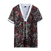 Mens V Neck Casual Hawaiian Henley Shirts Lace Up Floral Tropical Holiday Shirts Short Sleeve Japanese Kimono Jacket Top