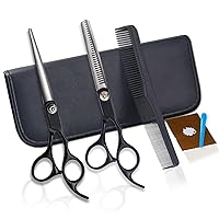 6 inch Black Hair Cutting Scissors for Men and Women 7 pcs Hair Cutting kit Hair Cutting and Thinning Shears, Stainless Steel Barber Scissors for Hair with Cape and Razor