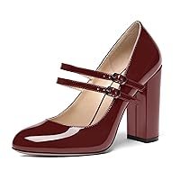 Womens Business Sexy Round Toe Patent Slip On Adjustable Strap Block High Heel Pumps Shoes 4 Inch