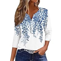 Womens 3/4 Sleeve Tops and Blouses Floral Printing Henley Neck Tunic T Shirts Casual Summer Button Down Top Womens Shirts 3/4 Length Sleeve Womens Tops